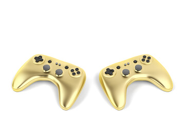 Two golden game controllers on white background © magraphics