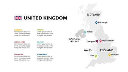 United Kingdom, Great Britain, England, Scotland, Wales, Northern Ireland vector map infographic template. Slide presentation. Europe country. 