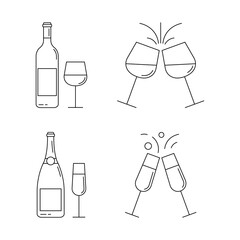 Wine and Champagne bottles with glasses outline icon set. Cheers sign. Vector illustration.