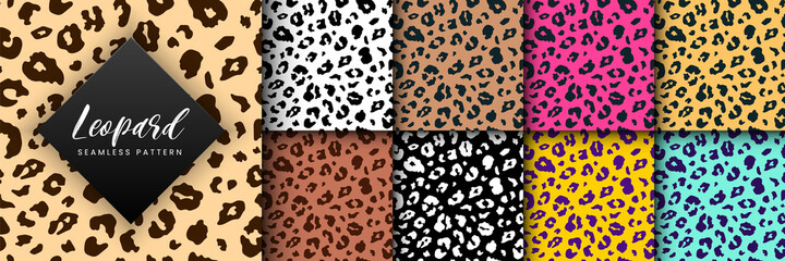 Vector Trendy leopard skin seamless pattern set. Hand drawn wild animal cheetah spots abstract texture for fashion print design, fabric, textile, cover, wrapping paper, background, wallpaper © Ketmut