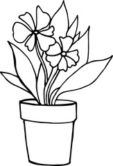 flower in the pot, house, line art, black and white sketch, hand draw illustration