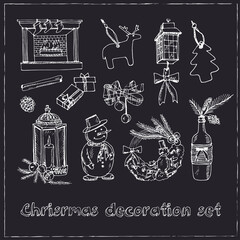 Christmas decoration set Menu doodle icons on chalkboard. Vector illustration