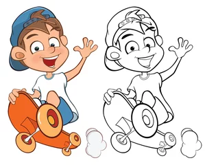 Zelfklevend Fotobehang Vectorillustratie van een Cute Cartoon karakter Boy Skateboarder voor u Design en computerspel. Kleurboek Overzichtsset Skateboarden © liusa
