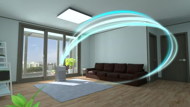 Air cleaner making indoor air fresh steadily by cleaning the air pollutant in the living room. It explains CADR (Clean Air Delivery Rate).