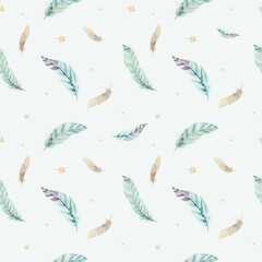 Feathers pattern. Watercolor elegant background. Watercolour color organic design print. Seamless repeating colour boho texture with hand drawn chic wallpaper. Bird illustration