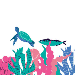 Sea Life with Underwater Algae and Fish Floating Vector Composition