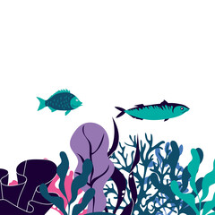 Sea Life with Underwater Algae and Fish Floating Vector Composition