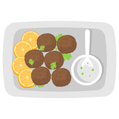 Falafel with Dip Sauce on Platter Concept, deepfried ball Vector Icon National Dish of Egypt Sign, Middle Eastern Traditional cuisine Symbol on White Background, Gourmet food cooking & restaurant menu