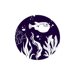 Circle with Fish and Algae White Silhouettes Vector Illustration