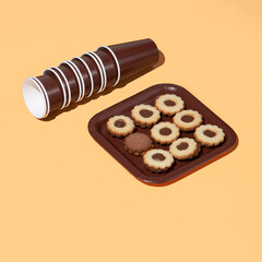 Chocolate cookies and plastic cup. Sweets sugar lover concept in isometric stylish space. Minimal still life art