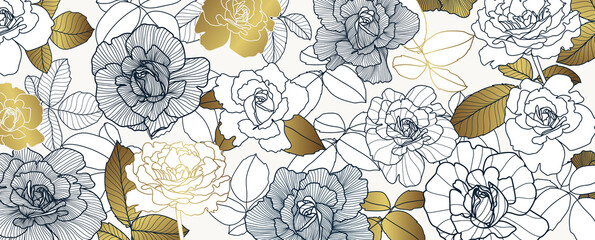Luxury elegant gold rose floral line arts pattern and black background. Topical flower wallpaper design, Fabric, surface design. Vector illustration. © TWINS DESIGN STUDIO