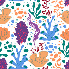 Colorful Algae and Sea Weeds with Wavy Leaves and Plants Vector Seamless Pattern