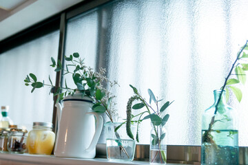 キッチン（台所）の窓辺に飾ってある草花