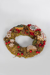 Christmas wreath candle candle gingerbread tree white snow isolated