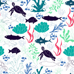 Underwater Creature and Marine Life with Fish and Sea Weeds Seamless Vector Pattern