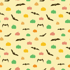 Seamless pattern for Halloween, All Hallows 'Eve,All Saints' Eve. Endless background with multicolored hand drawn pumpkins and bats. Simple bright wallpaper.Vector illustration