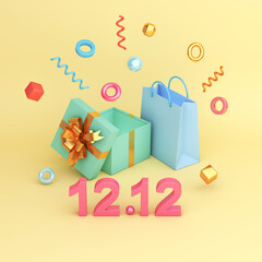 12.12 Sale shopping day decoration background with shopping bag gift box geometric. 3D rendering illustration