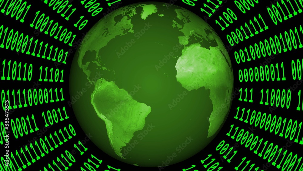 Poster earth globe inside a virtual cylinder made of binary code - graphic elements in green color - 3d ill