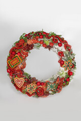 Christmas wreath candle candle gingerbread tree white snow isolated