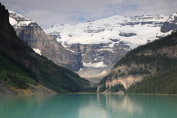 View of Mount Victoria with Victoria Glacier and Lake Louise during summer  in Banff National Park, Canadian Rockies, Alberta, Canada.