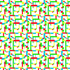 Blue, red, green, yellow rectangles and squares on a white background. Bright mosaic. Multicolored geometric seamless pattern. Abstract minimalist design. Narrow and thick strips