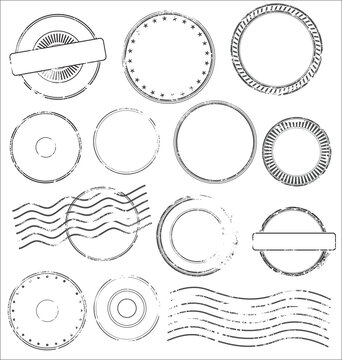 Collection of postal stamps and postmarks in black color isolated on white background 