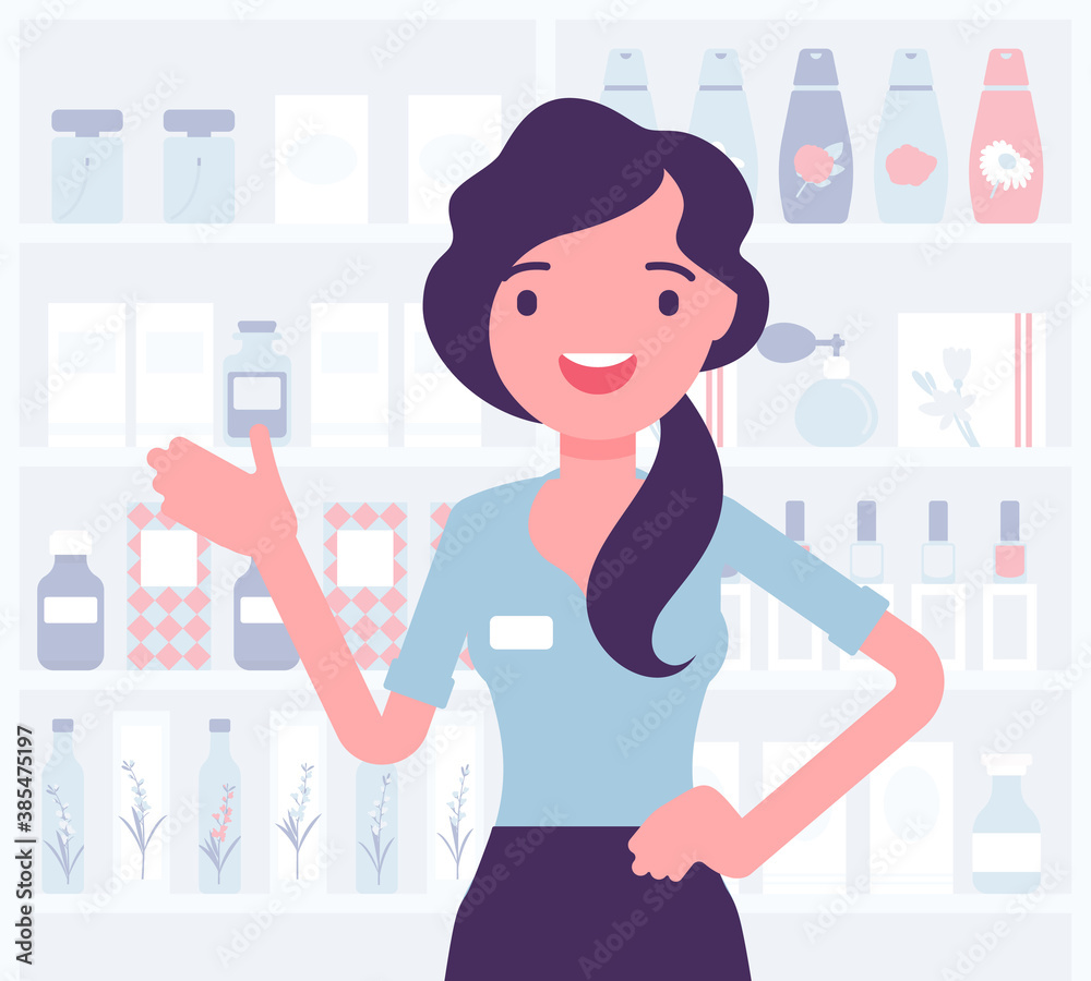 Wall mural perfume shop female attractive employee, assistant. smiling girl happy to help choosing, finding fra