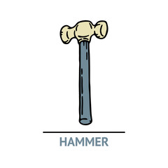 Hand drawn hammer icon. Professional labor construction tool with blue and beige colors