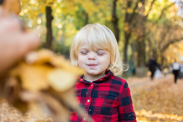 Portrait of a dreamy closed eyes blond girl on a background of autumn leaves