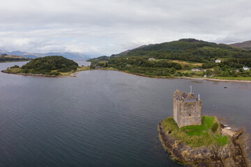 Fototapeta na wymiar Aerial view of Castle Stalker with Loch Linnhe in the background