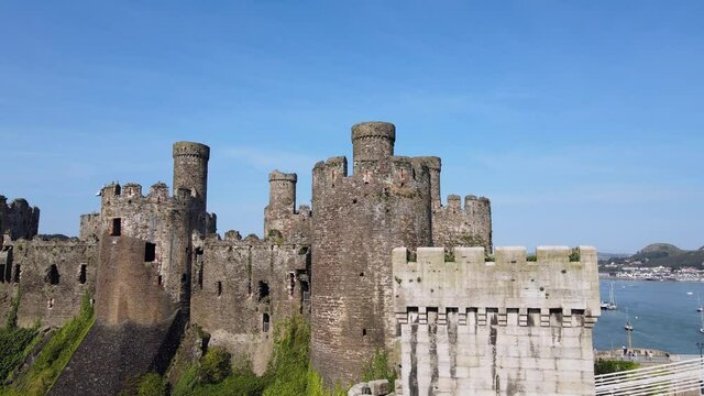 Medieval Conwy castle aerial view above historic Welsh town