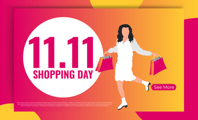 11.11 Shopping day sale poster, banner, flyer, landing page design. Global shopping day colorful background with young girl with bag. Vector illustration