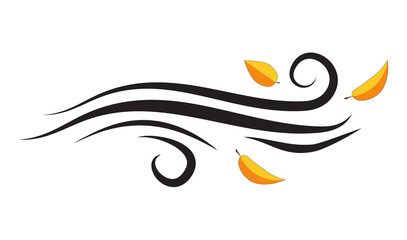 Wind blowing with leaves. Flying leaf vector silhouette isolated on white. Abstract swirl windy weather symbol. Illustration of clipart wave. Autumn sign with falling foliage. Autumnal simplicity icon