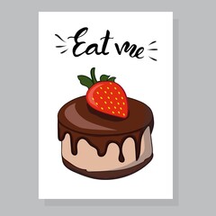Stock vector eat me greeting card with chocolate strawberry cake cartoon hand drawn illustration
