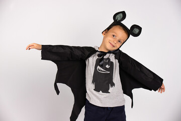 Happy Halloween. Flying bat boy. Boo carnival costume . Cute scary spooky character. Smiling face with open hands. White isolated background.