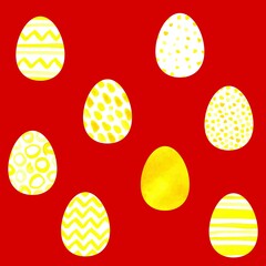 Seamless vector Happy Easter pattern. Easter eggs painted with yellow watercolor ornaments on a red background. Festive spring Polka dot, stripes, zag zag illustration. Cute Easter hand drawn Symbols