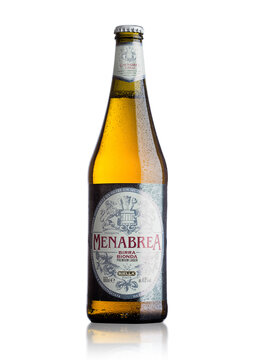 LONDON, UK - MAY 15, 2017: Bottle of Menabrea birra blonda premium lager beer on white. Italian beer.