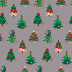 Christmas trees and gift boxes seamless pattern on grey background.