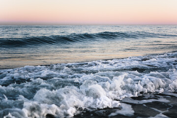 Sea beach water with waves. View of sea water with waves of the Black sea in local beach in Zatoka in Ukraine.