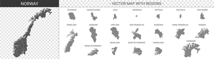 vector political maps of Norway with regions on white background