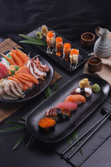 Sashimi and sushi Japanese food set. Salmon, Ikura, wasabi, fish, shrimp and tuna.