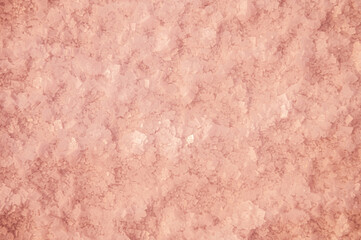 The bottom of a salty pink lake with salt crystals out of focus. Natural salt production background
