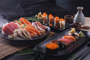 Sashimi and sushi Japanese food set. Salmon, Ikura, wasabi, fish, shrimp and tuna. © No-Te