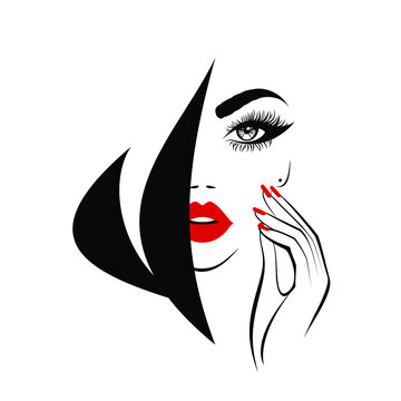 Beautiful woman face with red lips, lush eyelashes, hand with red manicure nails, black hair, stylish hairstyle. Beauty Logo. Nail and Lashes art studio. Wallpaper background. Vector illustration.