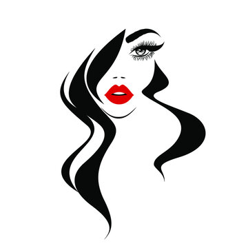 recommend clip art: Beauty logo, beautiful woman face, sexy red lips, eyelash extensions, fashion woman, curly hairstyle, hair salon sign, icon. Wallpaper background. Vector illustration.