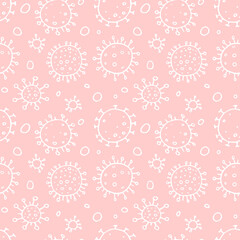 Seamless pattern of molecules, cells of virus, bacteria. Pandemic, epidemic covid-19. Concept of quarantine coronavirus, vaccination. Vector hand drawn background in outline doodle style isolated