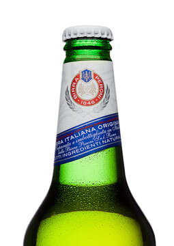 LONDON, UK - MARCH 15, 2017: Cold bottle of Peroni Beer. Founded n the town of Vigevano, Italy in 1846.