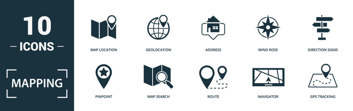Mapping icon set. Monochrome sign collection with pinpoint, map search, route, navigator and over icons. Mapping elements set.