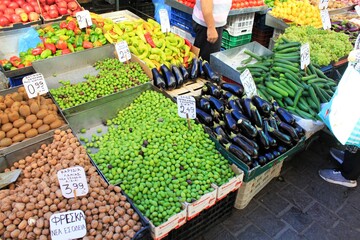 Vegetables and fruits for sale at street market in Athens, Greece, October 9 2020.