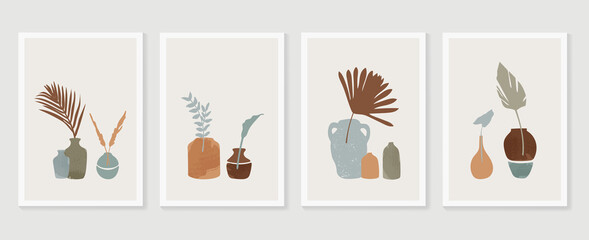 Botanical wall art vector set. Earth tone boho foliage line art drawing with  abstract shape.  Abstract Plant Art design for print, cover, wallpaper, Minimal and  natural wall art.. © TWINS DESIGN STUDIO